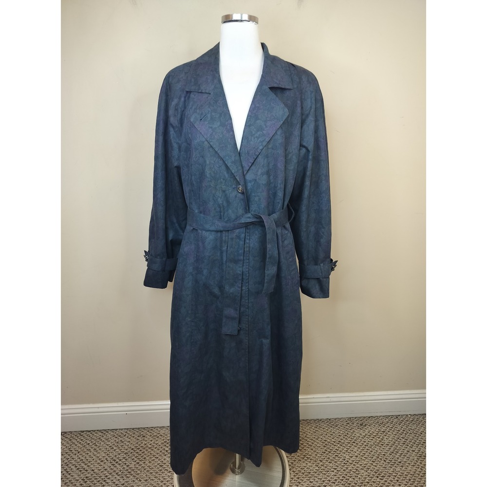 London Fog Vintage Floral Trench Coat 14 Reg Removable Lining Belted Navy